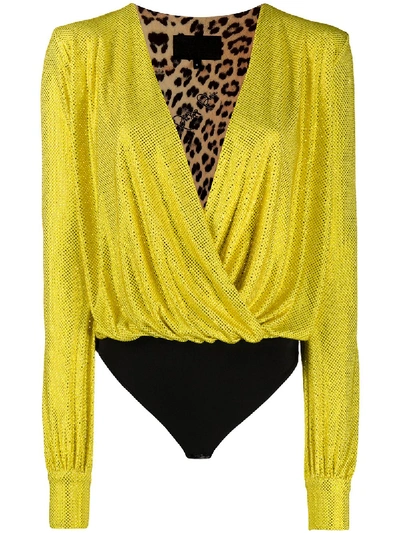 Shop Philipp Plein Clio Stud Embellished Bodysuit In Yellow