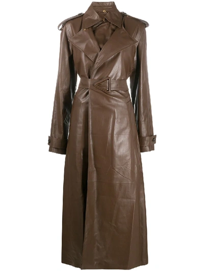 Shop Bottega Veneta Leather Oversized Belted Trench Coat In Brown