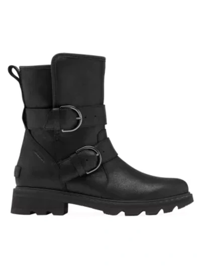 Shop Sorel Lennox Shearling-lined Leather Moto Boots In Black