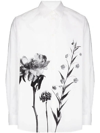 Valentino Floral Print Long Sleeve Button-up Poplin Shirt In White