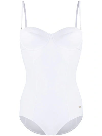Shop Dolce & Gabbana Dg Plaque Bustier Swimsuit In White