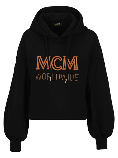 Shop Mcm Logo Print Cropped Hoodie In Black