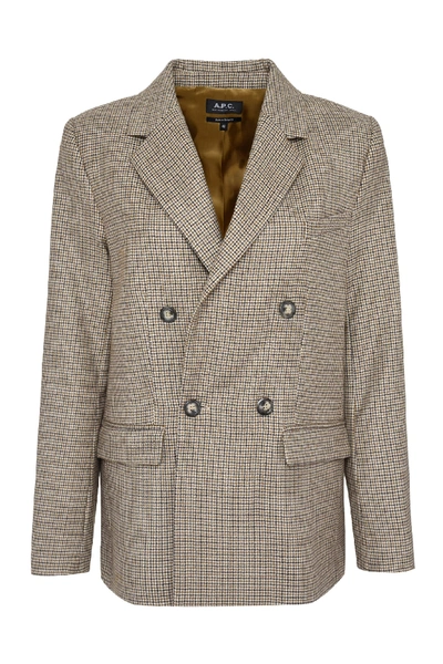 Shop Apc Prune Checked Double-breasted Blazer In Beige
