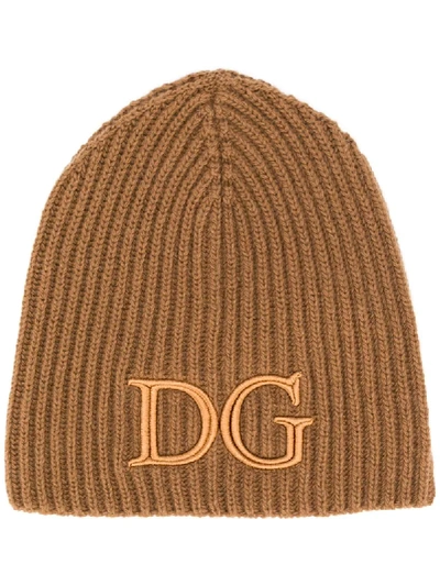 Shop Dolce & Gabbana Logo-embroidered Ribbed Beanie In Brown