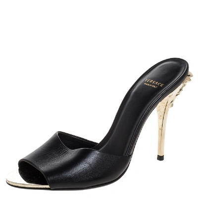 Pre-owned Versace Black Leather Medusa Heel Slide Sandals Size 37