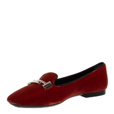 Pre-owned Tod's Red Velvet Double T Slip On Loafers Size 36.5