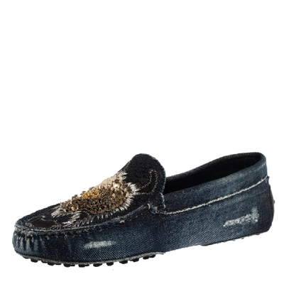 Pre-owned Tod's Blue Denim Fabric Sequin Embellished Slip On Loafers Size 37.5
