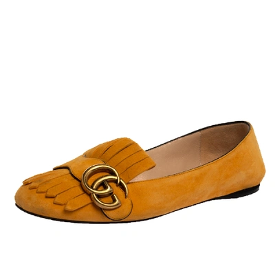 Pre-owned Gucci Yellow Suede Leather Gg Marmont Fringe Detail Ballet Flats Size 36