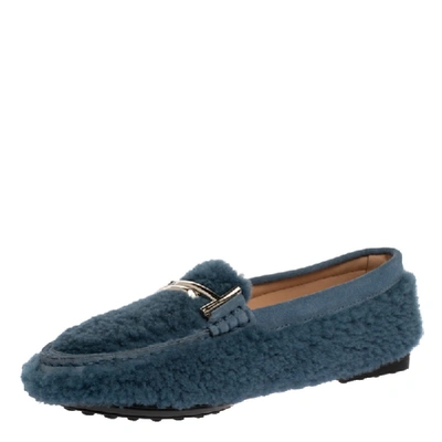 Pre-owned Tod's Blue Shearling And Suede Leather Double T Slip On Loafers Size 36.5