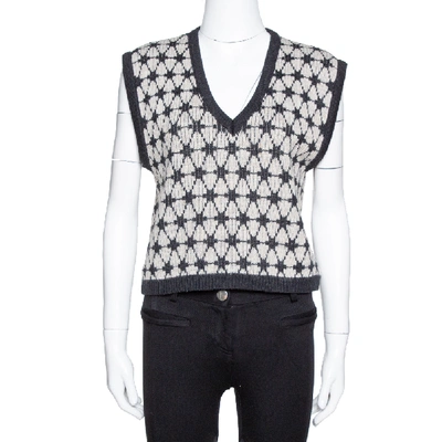 Pre-owned Kenzo Black Patterned Wool Knit Cropped Sleeveless Sweater L
