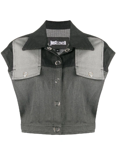 Shop Just Cavalli Cropped Denim Vest In Grey