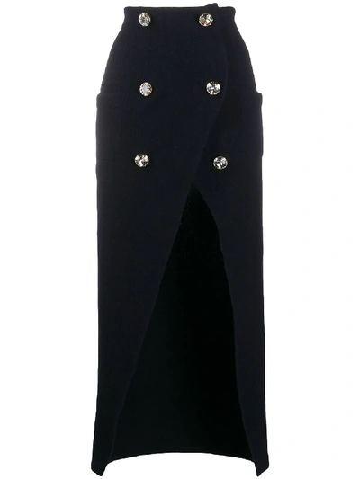 Shop Balmain Crystal-button Midi Skirt In Blue