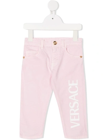 Shop Young Versace Logo Print Trousers In Pink