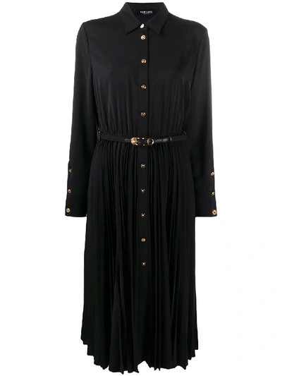 Shop Versace Pleated Shirt Dress In Black