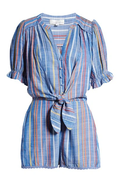 Shop Adelyn Rae Stripe Yarn Dyed Tie Waist Romper In Blue Multi