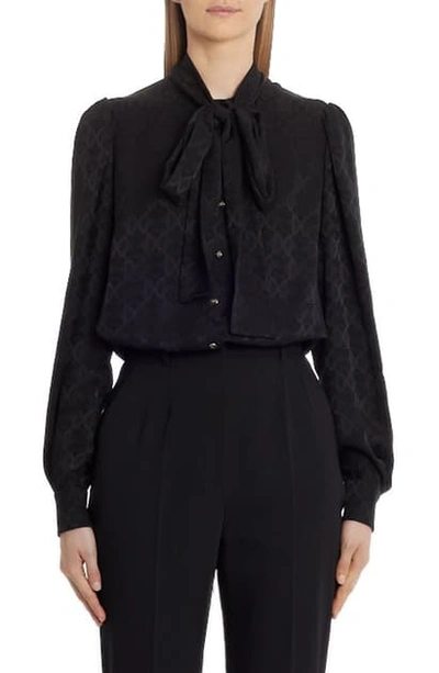 Shop Dolce & Gabbana Tie Neck Logo Jacquard Silk Shirt In Black