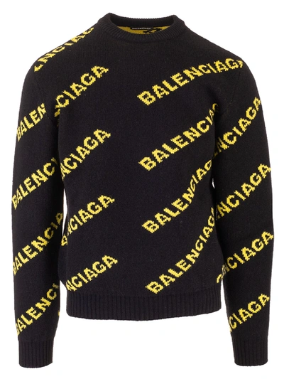 Shop Balenciaga Crewneck Pullover With All-over Logo In Wool In Black