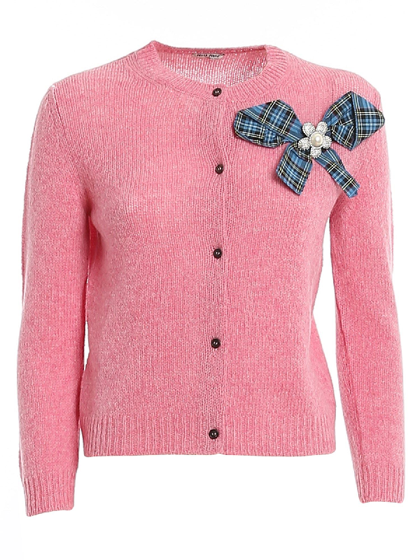 Miu Miu Bow-detail Wool-knit Cardigan In Pink | ModeSens