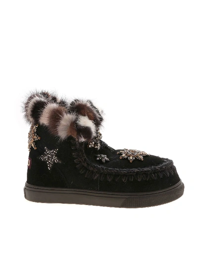 Shop Mou Eskimo Star Patches And Mink Fur Sneakers In Black