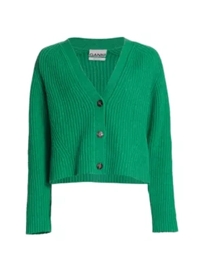 Shop Ganni Rib-knit Cropped Cardigan In Foliage Green