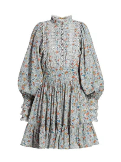 Shop Bytimo Floral Lace Eyelet Puff-sleeve Mini A-line Dress In Blue Field