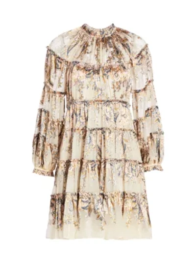 Shop Zimmermann Ladybeetle Tiered Mini Dress In Jacobean Burnout