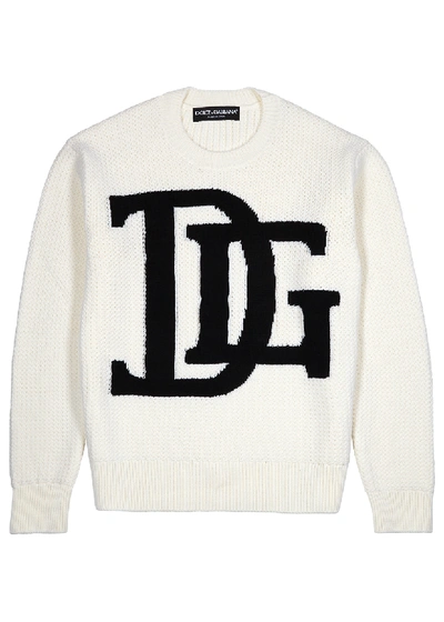 Shop Dolce & Gabbana Cream Logo-intarsia Wool Jumper