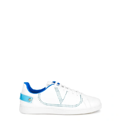 Shop Valentino Garavani Backnet White Perforated Leather Sneakers In White And Blue