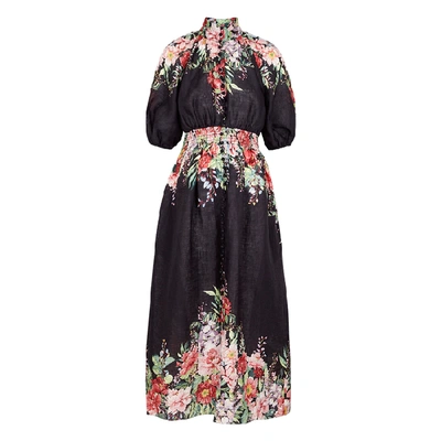 Shop Zimmermann Bellitude Floral-print Linen Midi Dress In Multicoloured