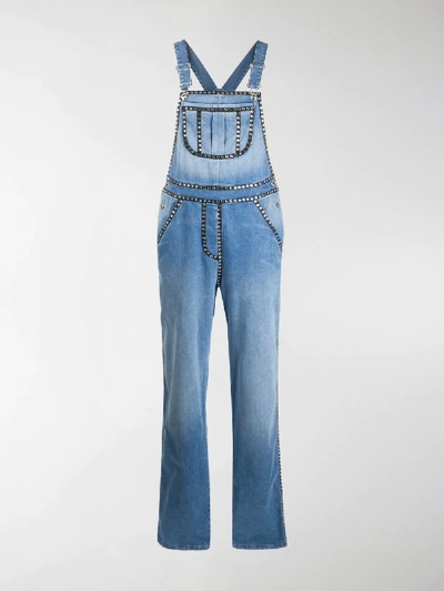 Shop Moschino Crystal-embellished Denim Dungarees In Blue