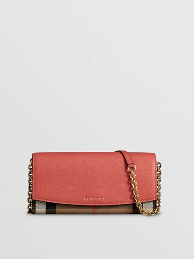 Shop Burberry House Check And Leather Wallet With Cha In Cinnamon Red