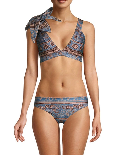 Shop Johanna Ortiz Printed Bikini Top In Blue