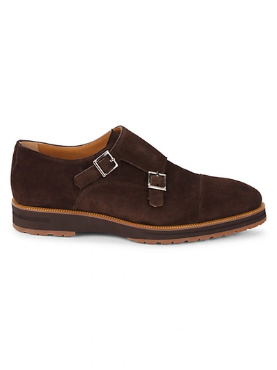 Shop Di Bianco Double-buckle Monk-strap Suede Loafers In Brown