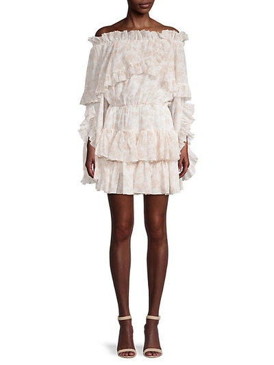 Shop Caroline Constas Ruffled Off-the-shoulder Mini Dress In Beige White