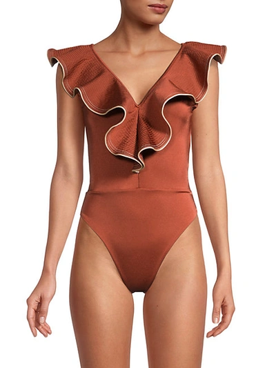 Shop Johanna Ortiz Ruffled One-piece Swimsuit In Rust