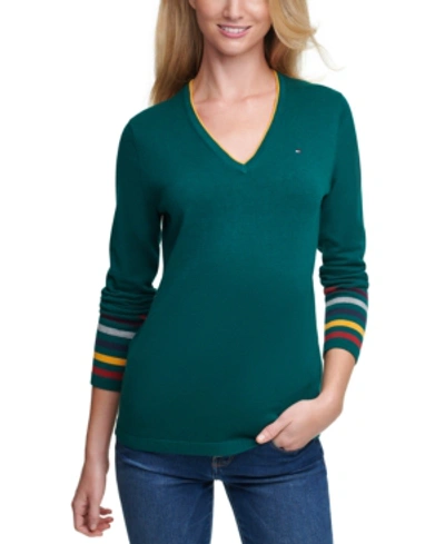 Tommy Hilfiger Ivy Rainbow-cuff V-neck Sweater In Forest Green