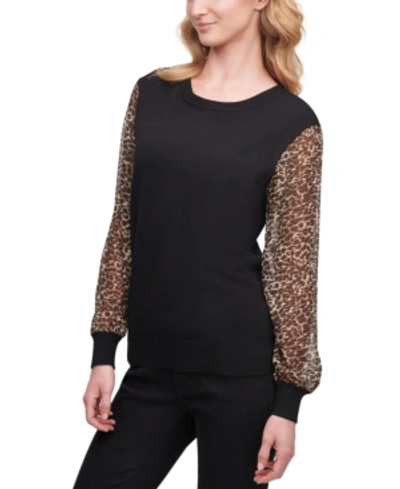 Shop Dkny Sheer-sleeve Sweater, Created For Macy's In Black/camel Black Multi