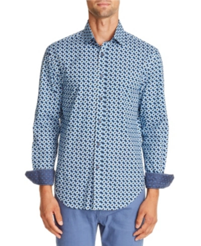 Shop Tallia Men's Slim-fit Black/blue Geo Long Sleeve Shirt And A Free Face Mask With Purchase