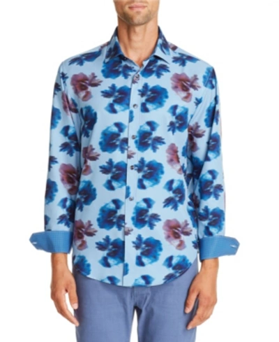 Shop Tallia Men's Slim Flit Peformance Stretch Blue/brown Peony Long Sleeve Shirt And A Free Face Mask With Purc