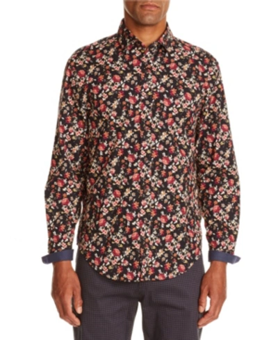 Shop Tallia Men's Slim-fit Black/brown Floral Long Sleeve Shirt And A Free Face Mask With Purchase