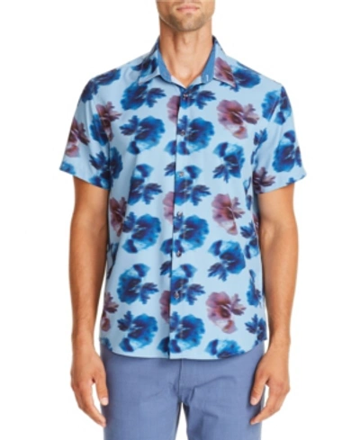 Shop Tallia Men's Slim-fit Performance Stretch Blue/brown Peony Short Sleeve Shirt And A Free Face Mask With Pur