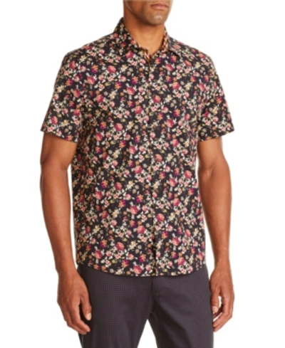 Shop Tallia Men's Slim-fit Black/brown Floral Short Sleeve Shirt And A Free Face Mask With Purchase