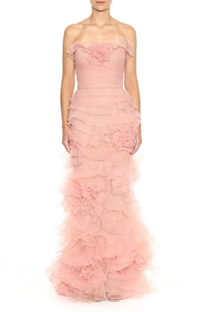 Shop Marchesa Strapless Floral Ruffle Gown In Blush