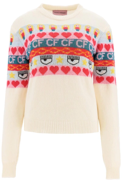 Shop Chiara Ferragni Norwegian Jacquard Crewneck Sweater In White