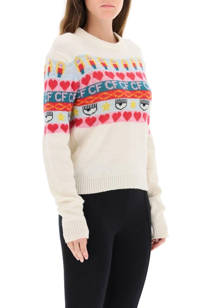 Shop Chiara Ferragni Norwegian Jacquard Crewneck Sweater In White