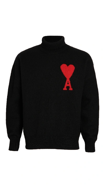 Shop Ami Alexandre Mattiussi Wool Big Heart Turtleneck Sweater In Black