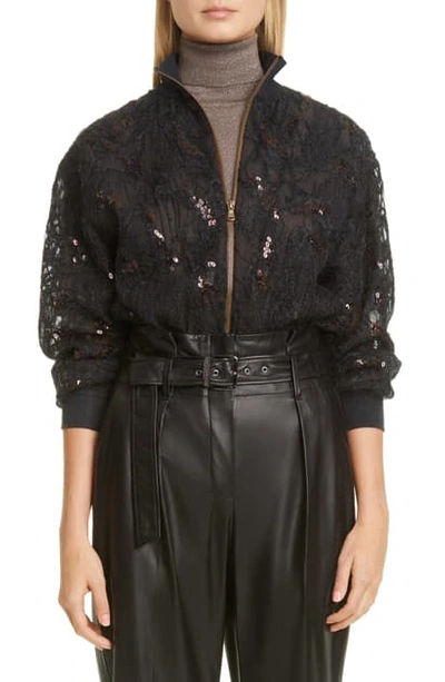 Shop Brunello Cucinelli Embellished Silk Tulle Bomber Jacket In Volcano