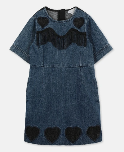 Shop Stella Mccartney Kids Hearts & Fringe Washed Denim Dress In Blue
