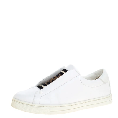 Pre-owned Fendi White Leather Zucca Ribbed Slip On Sneakers Size 35