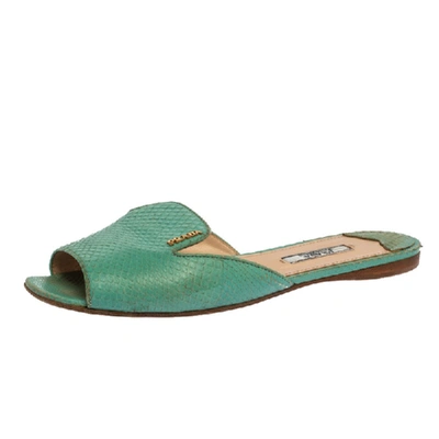 Pre-owned Prada Green Ayers Snake Leather Flat Slides Size 37